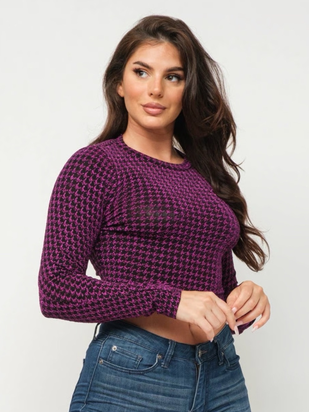 NWOT Purple Houndstooth Long Sleeve Crop Top